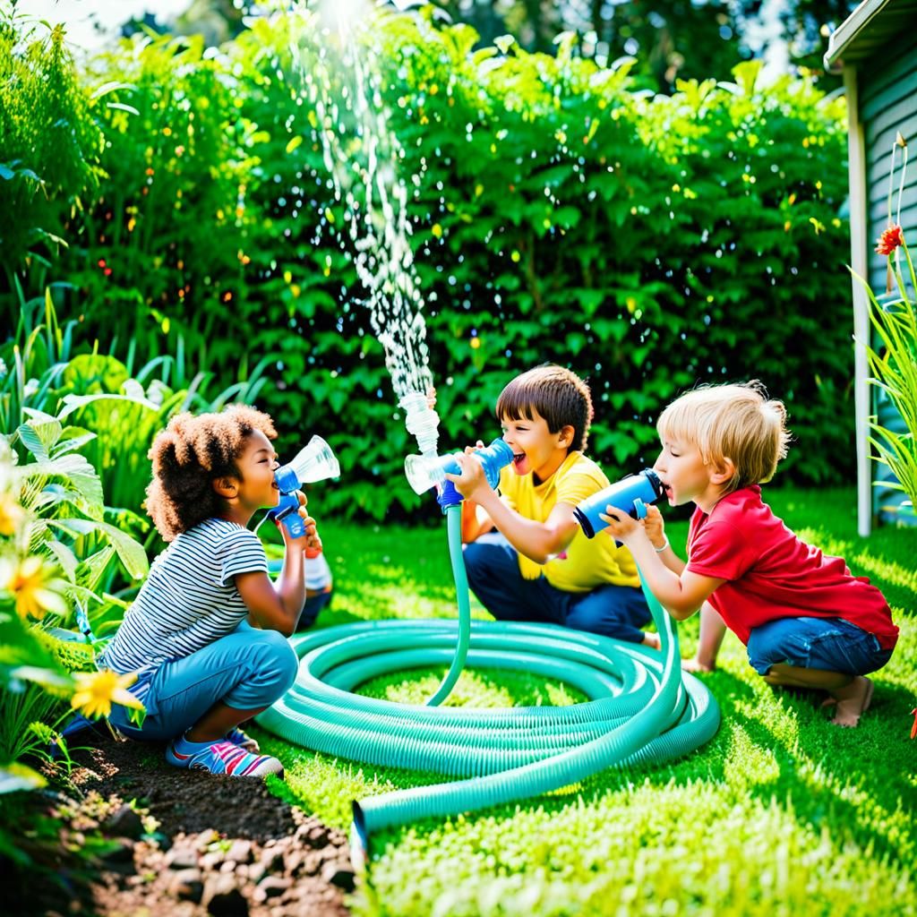 Children Drinking from Garden Hose on Hot Day