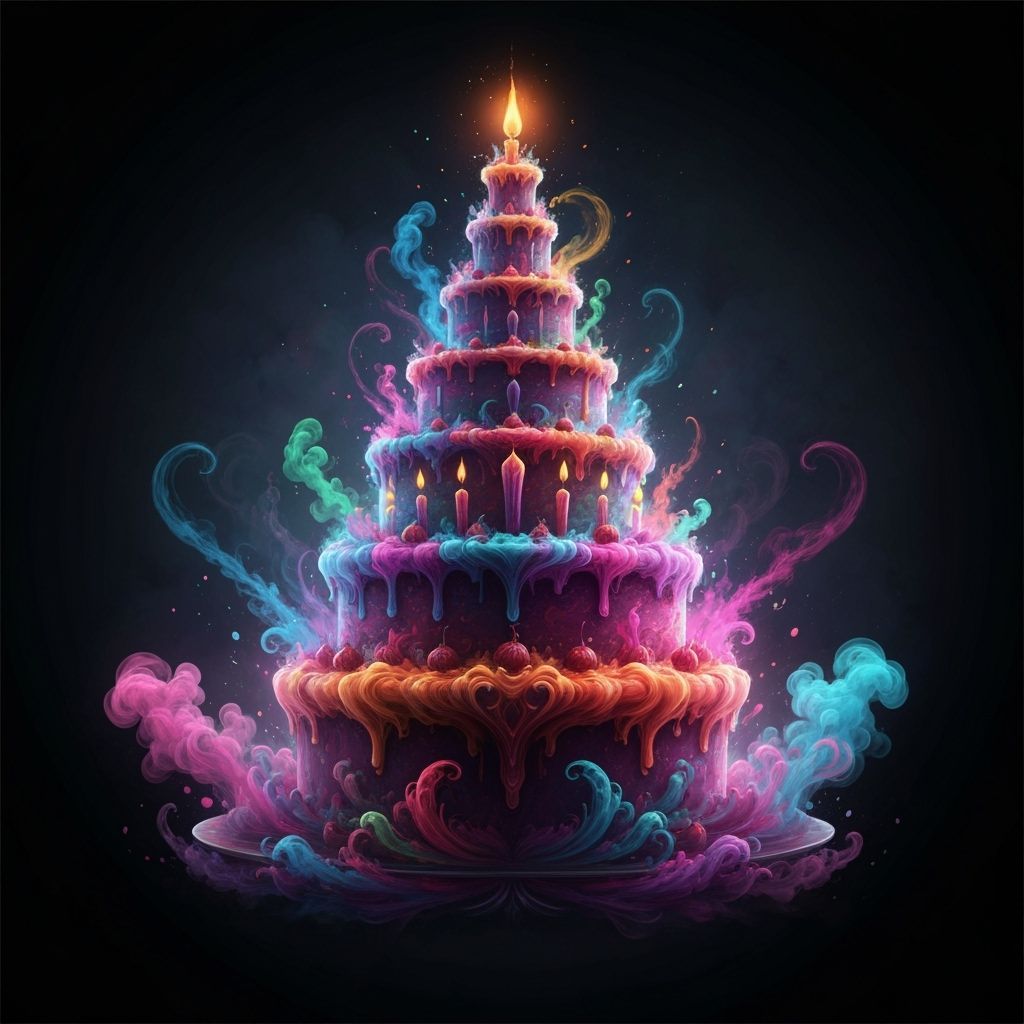 Colorful Smoke Birthday Cake: Fantastical Digital Art
