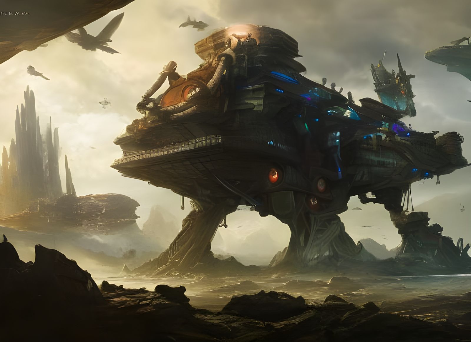 Dystopian Steampunk Building on Water as Digital Art