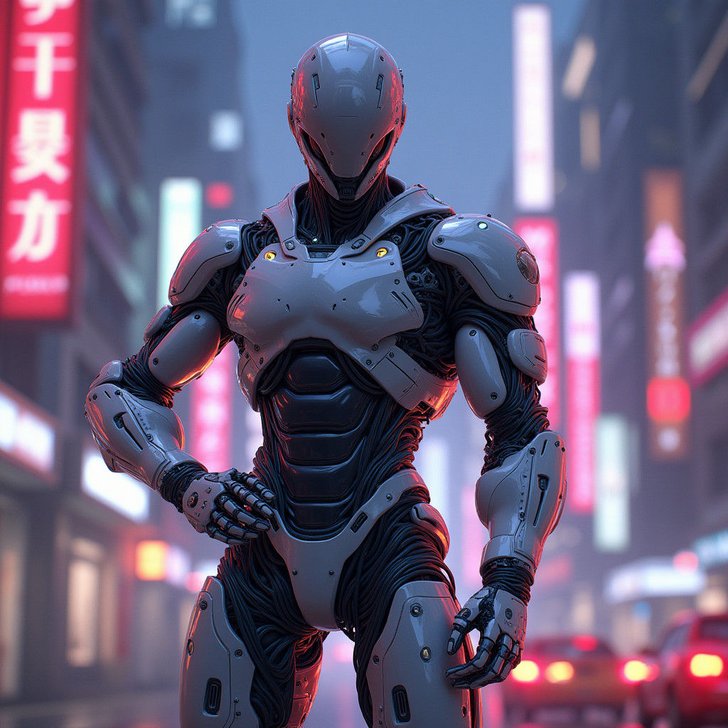 Cyborg Male in Manga Style with Neon Cityscape