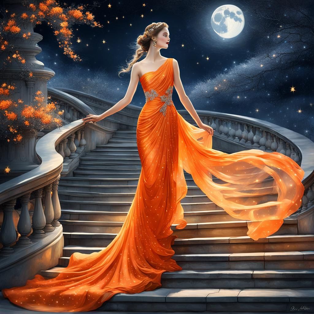 Elegant Woman Ascends Starry Stairway in Dreamscape
