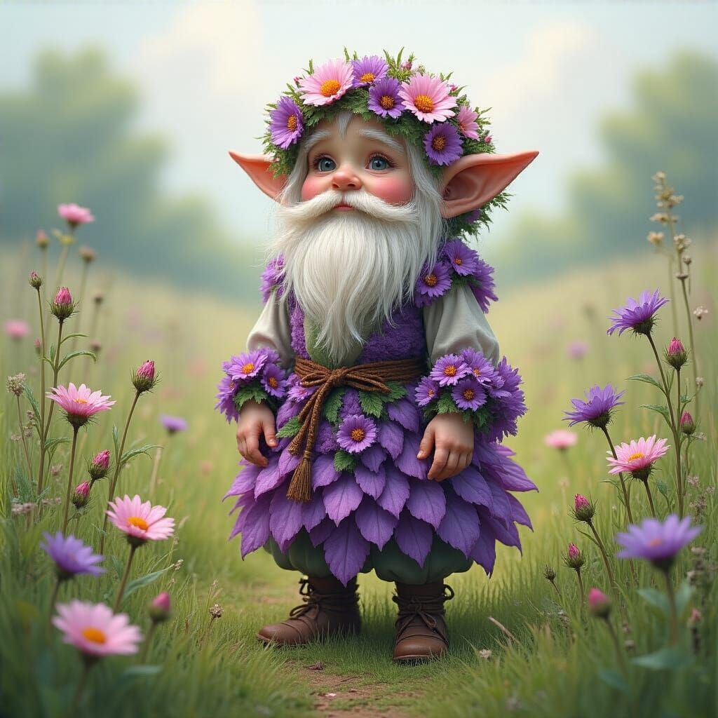 Floral Dwarf in Lush Meadow, Botanical Art