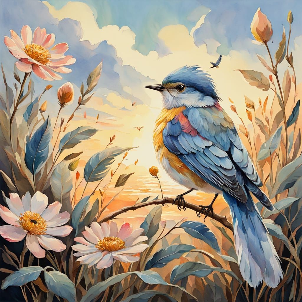 Whimsical Watercolor Masterpiece with Delicate Flower and Bi...