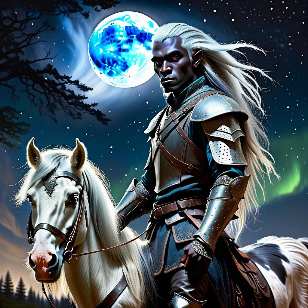 Dark Drow Elf Ponders with Silver Hair and Shetland Pony Com...