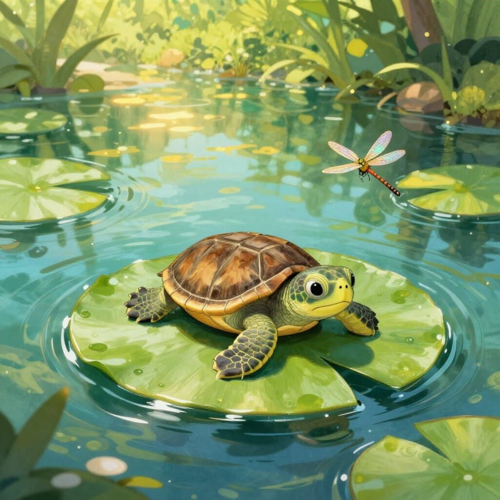 Adorable Baby Turtle on Lily Pad in Sunlit River