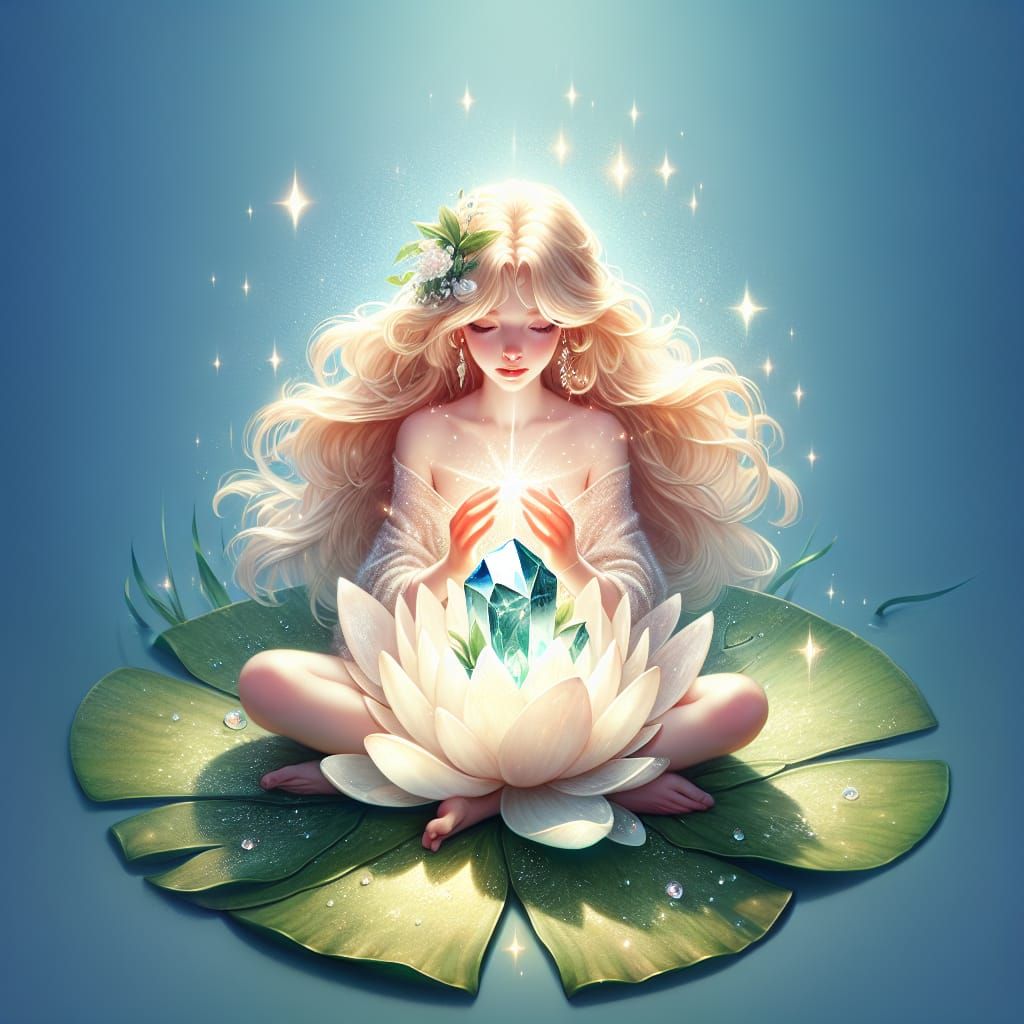 Hyper-realistic beautiful ethereal blond female fairy sitting cross-legged on a lily pad with a crystal in her lap