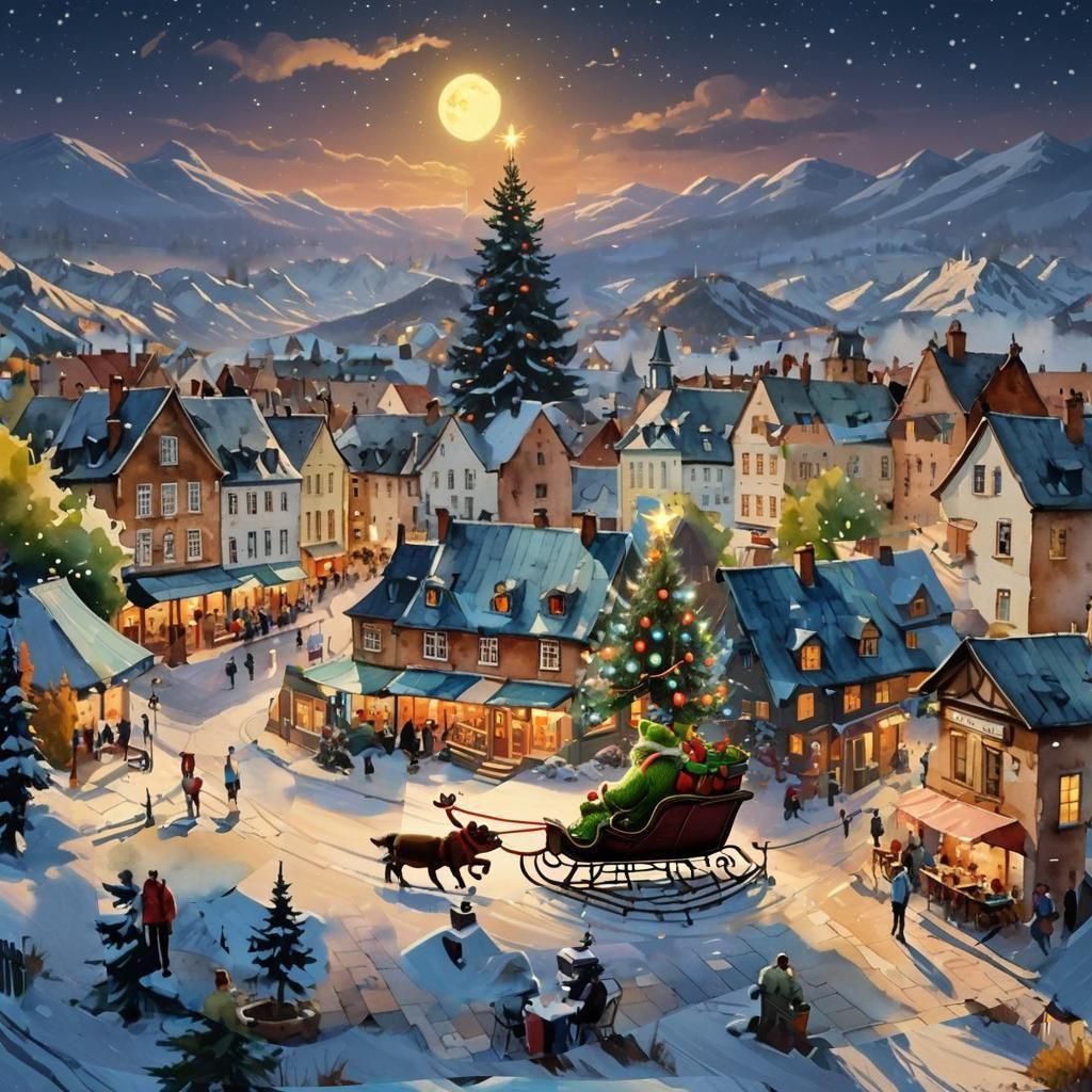 Festive Winter Town Scene with The Grinch