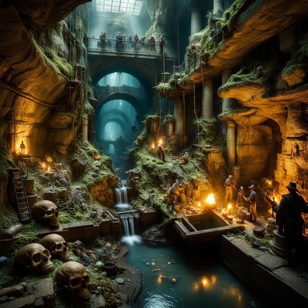 Miniature Archeological Site in Sewer, Fantasy Illustration
