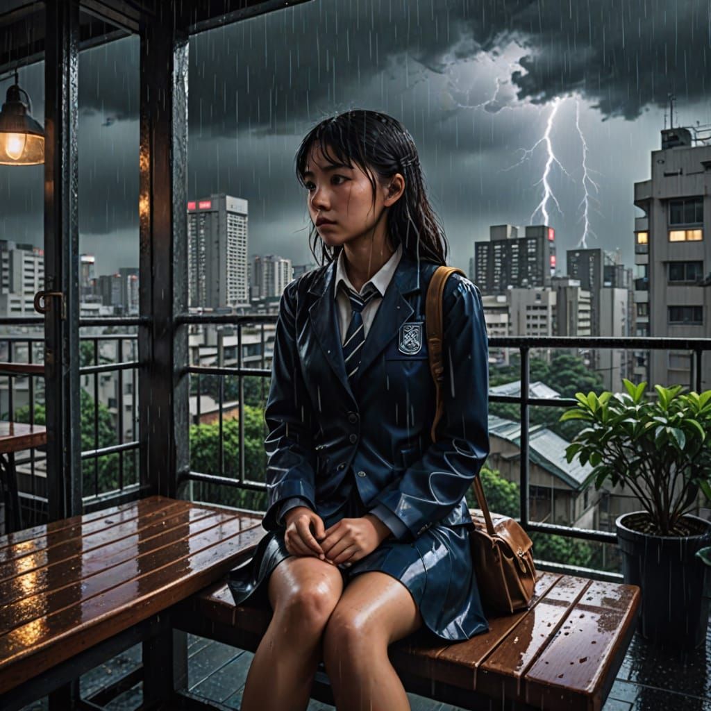 Schoolgirl in Neo Tokyo During Storm