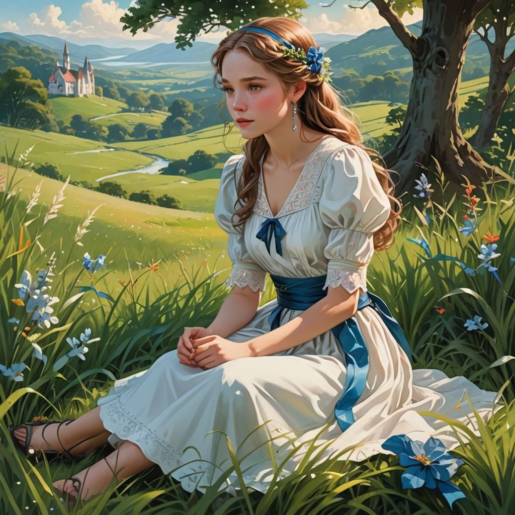 Girl Whispering Secret in Enchanted Field Illustration