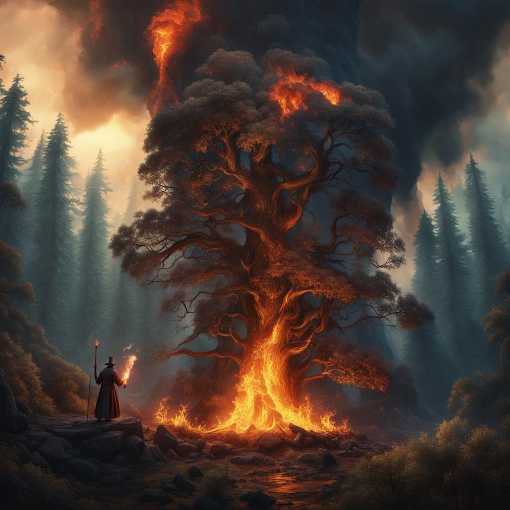 Victorian Wizard Ignites Forest Fire: Detailed Matte Paintin...