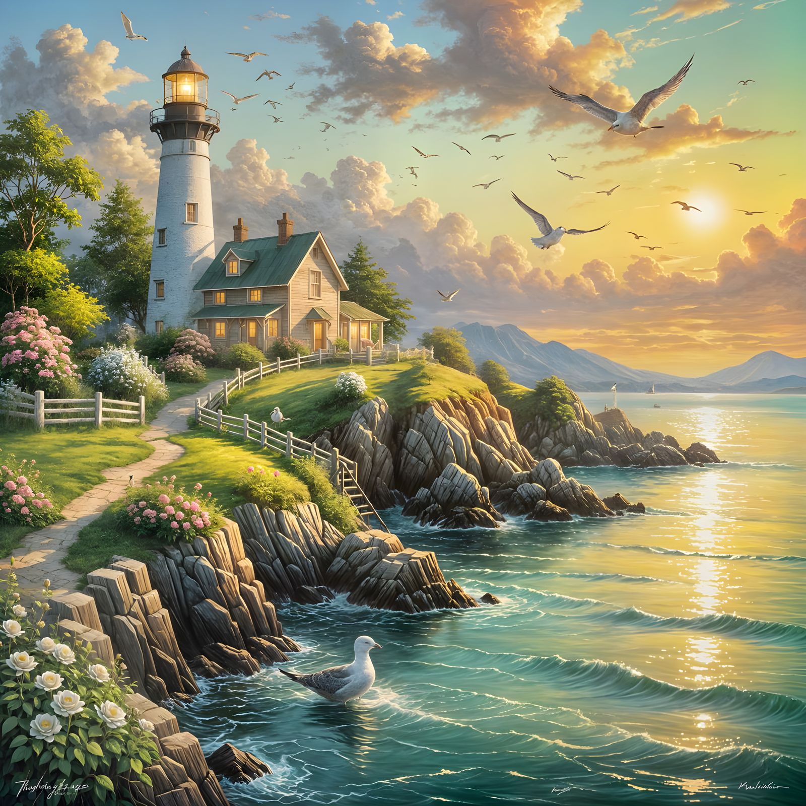 Picturesque Lighthouse Scene in Oil Paint Style