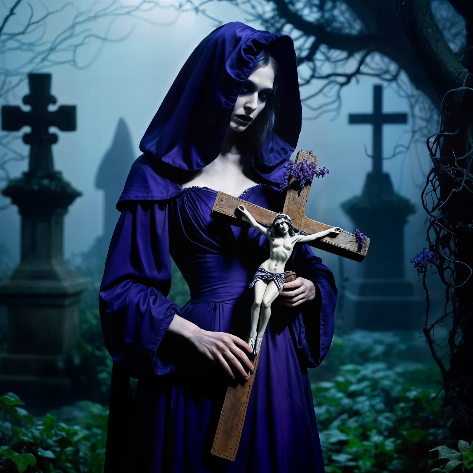 Gothic Woman Enters Dark Medieval Garden