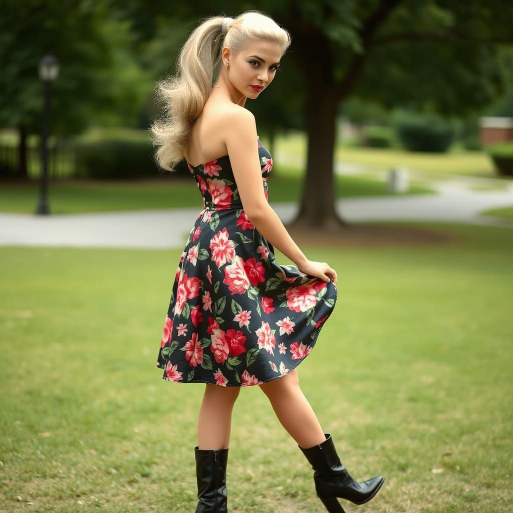 1950s Pin-Up Girl in Latex Dress and Boots