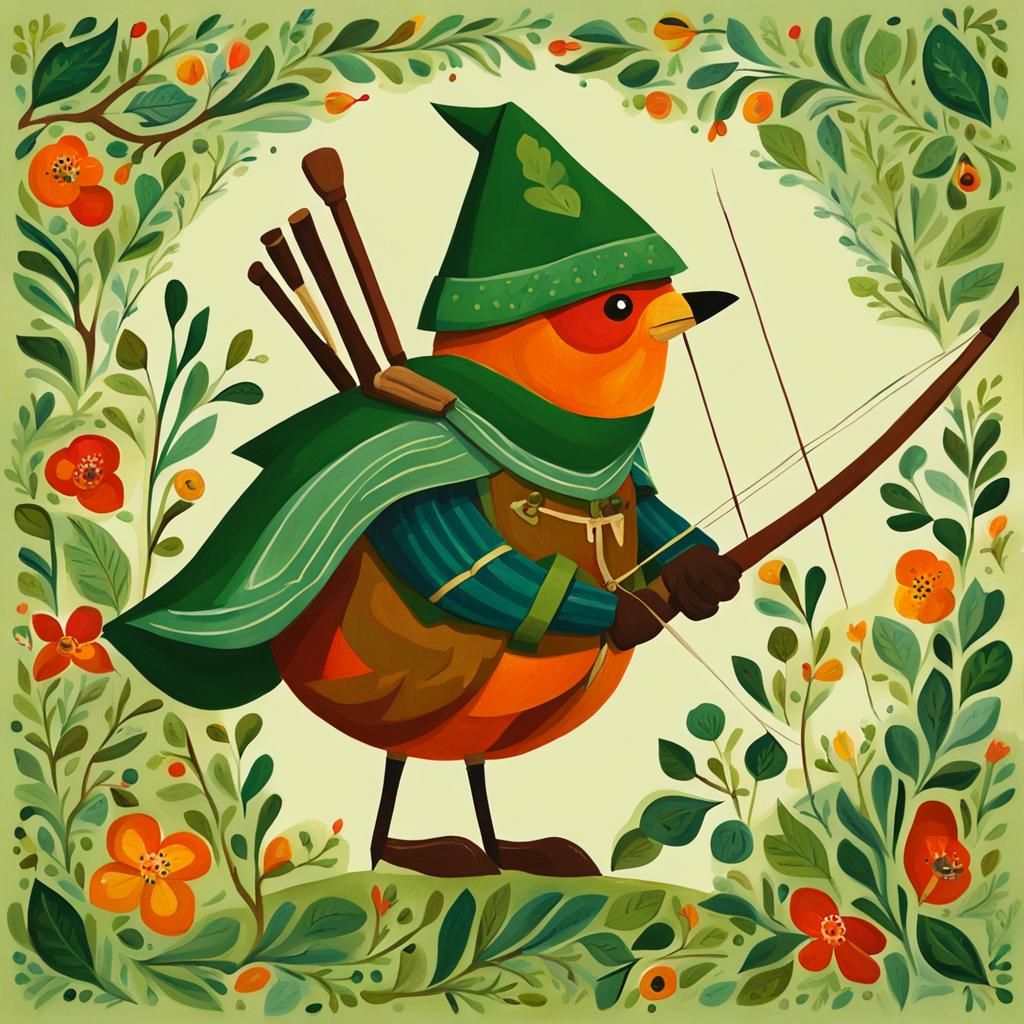 Folk Art Style Robin Hood Gouache Painting