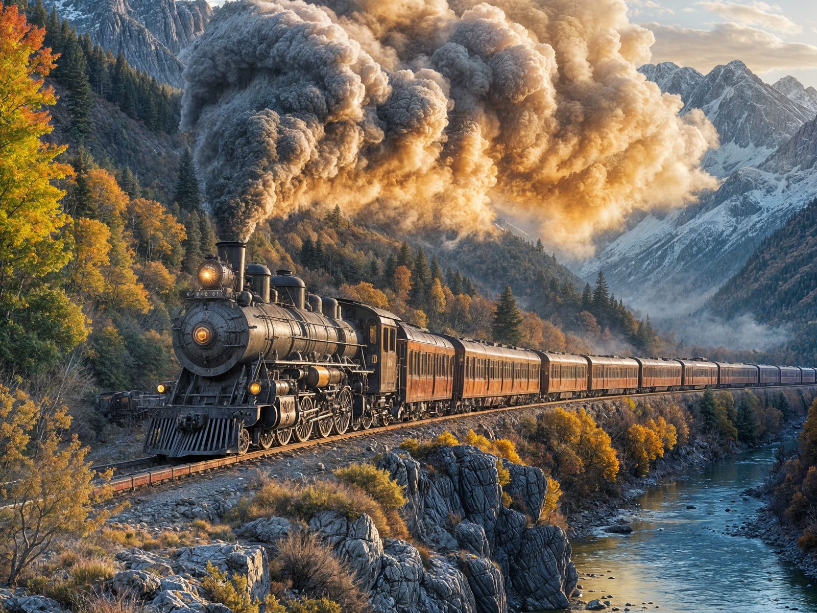 Majestic Steam Train Chugs Through Autumn Valley at Sunset