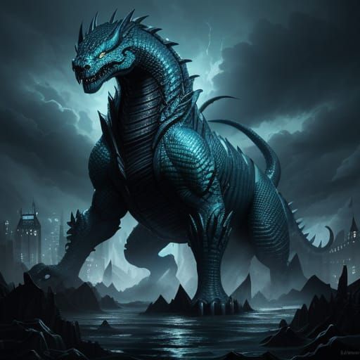 Mystical Storm Serpent Rises from Flooded City