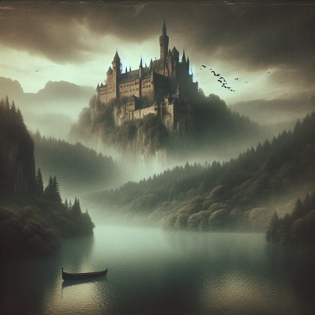 Gothic Castle Overlooking Misty Lake in Dreamlike Style