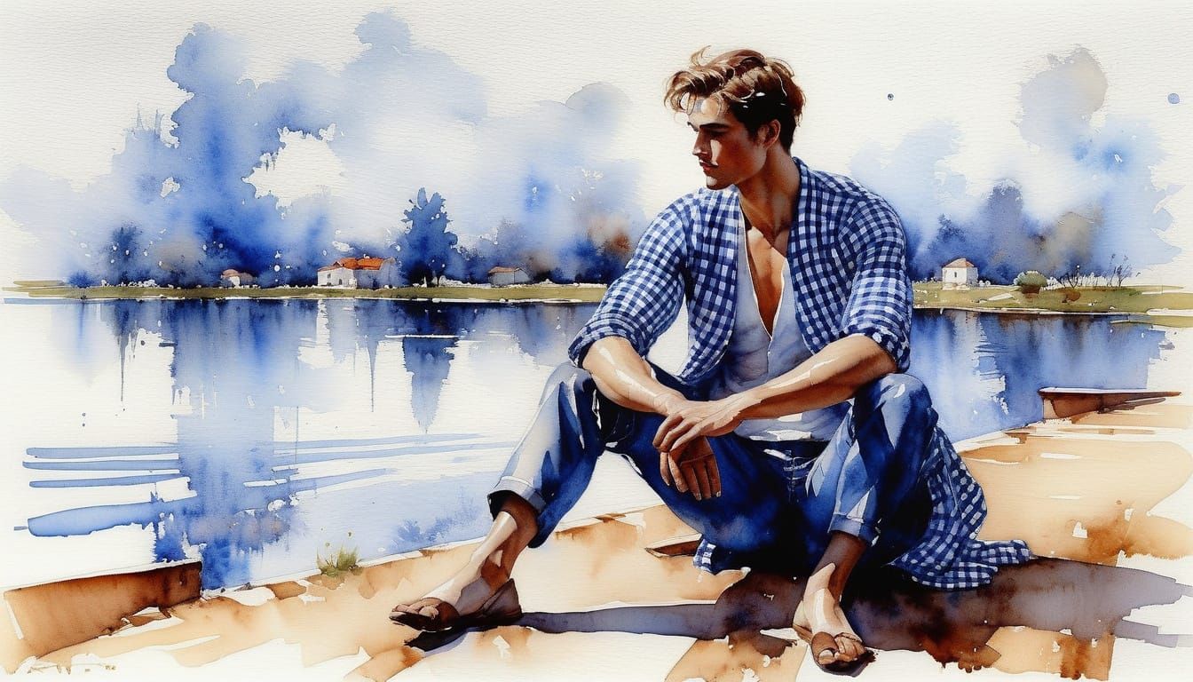 Delft Blue Young Man in Vibrant Gingham
