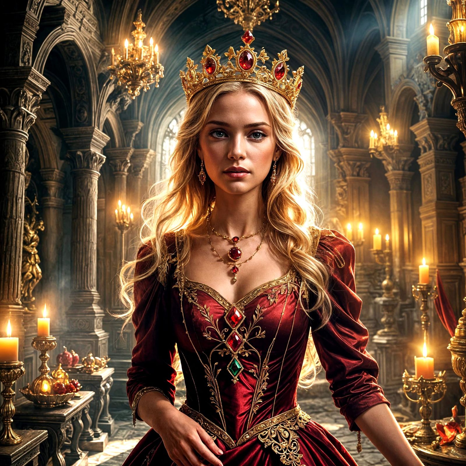 Inside a dark mid evil castle. Stands a stunning blonde princess wearing a gold and red colored dress. She is holding ge...
