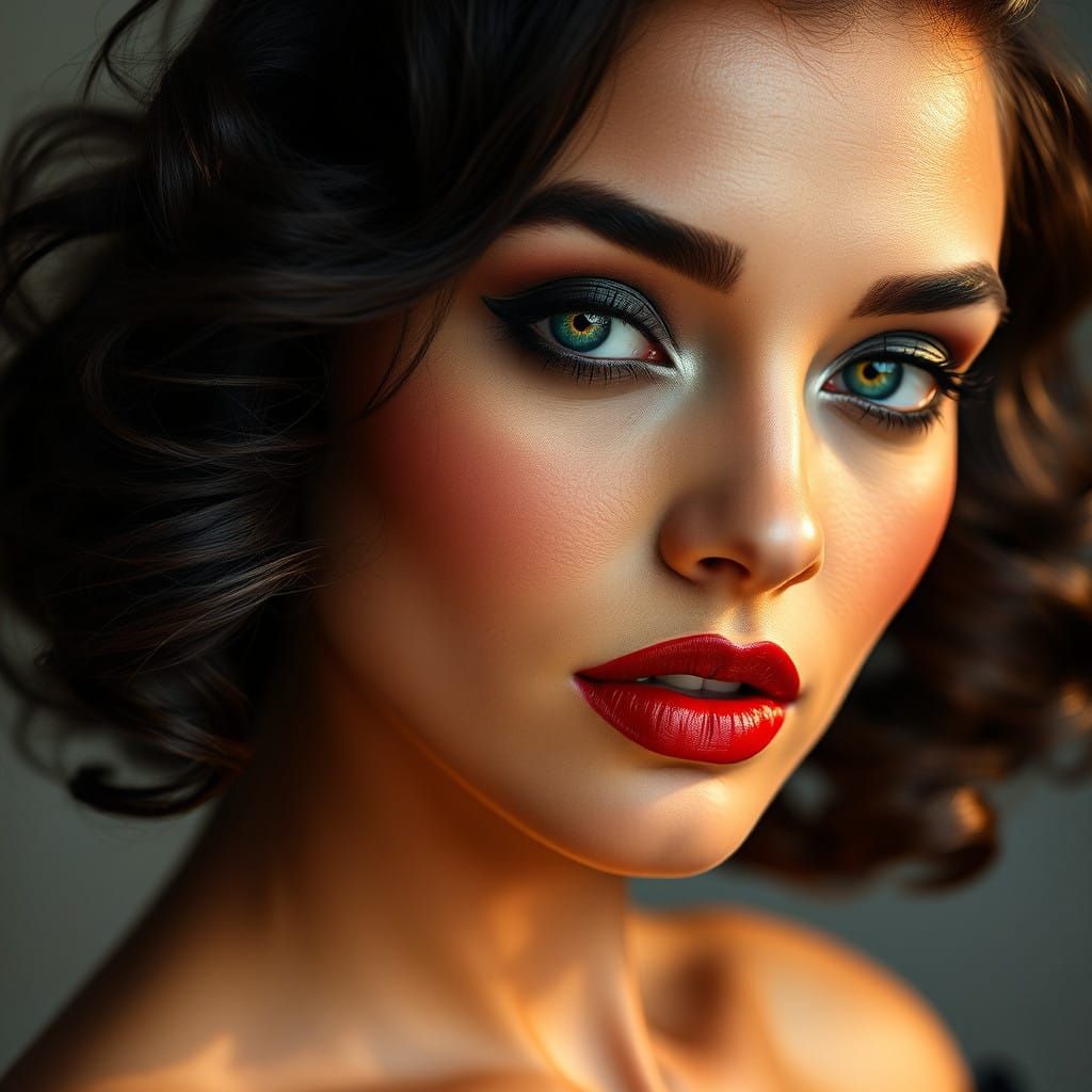 Elegant 1940s-Inspired Portrait with Sultry Makeup and Golde...