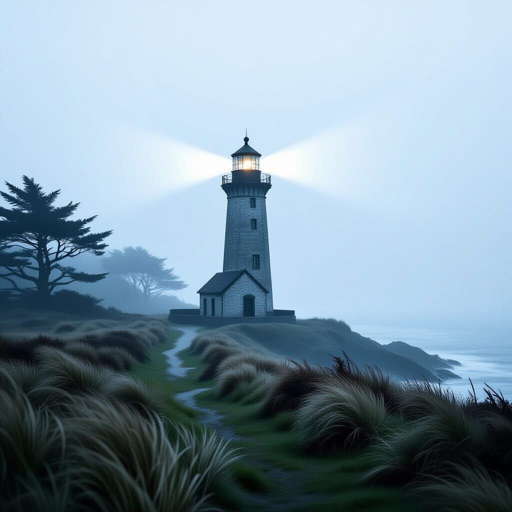 Weathered Lighthouse Beam Piercing Ethereal Fog on Desolate ...