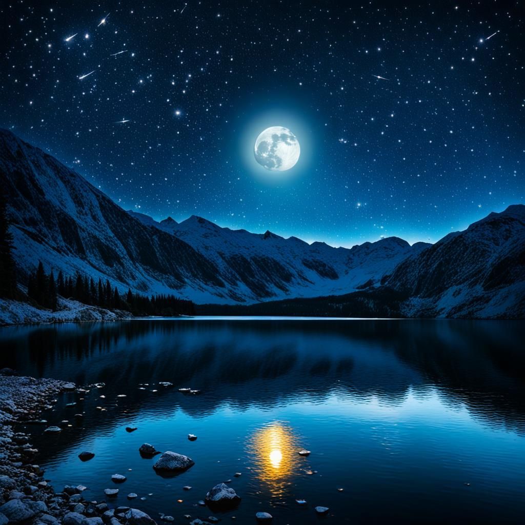Full Moon and Shooting Stars Over Lake