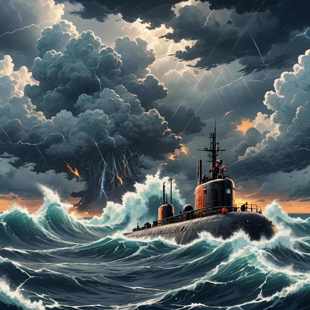 Submarine in Raging Ocean: Anime-Style Storm