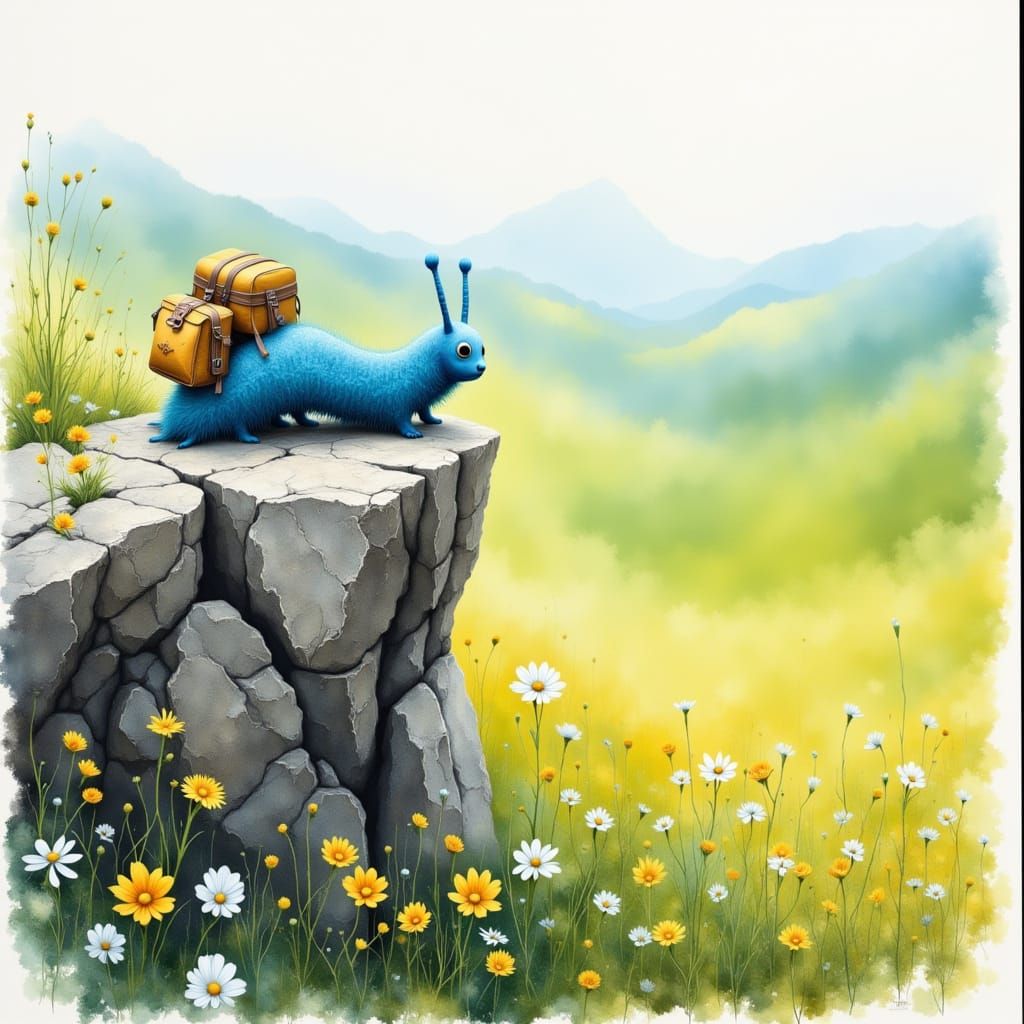 Caterpillar Reaches Summit of Rockwall in Flowery Meadow