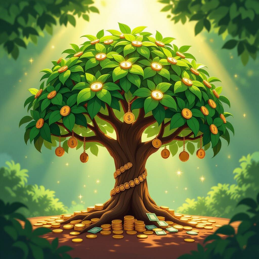 Vibrant Money Tree Laden With Gold Coins and Banknotes