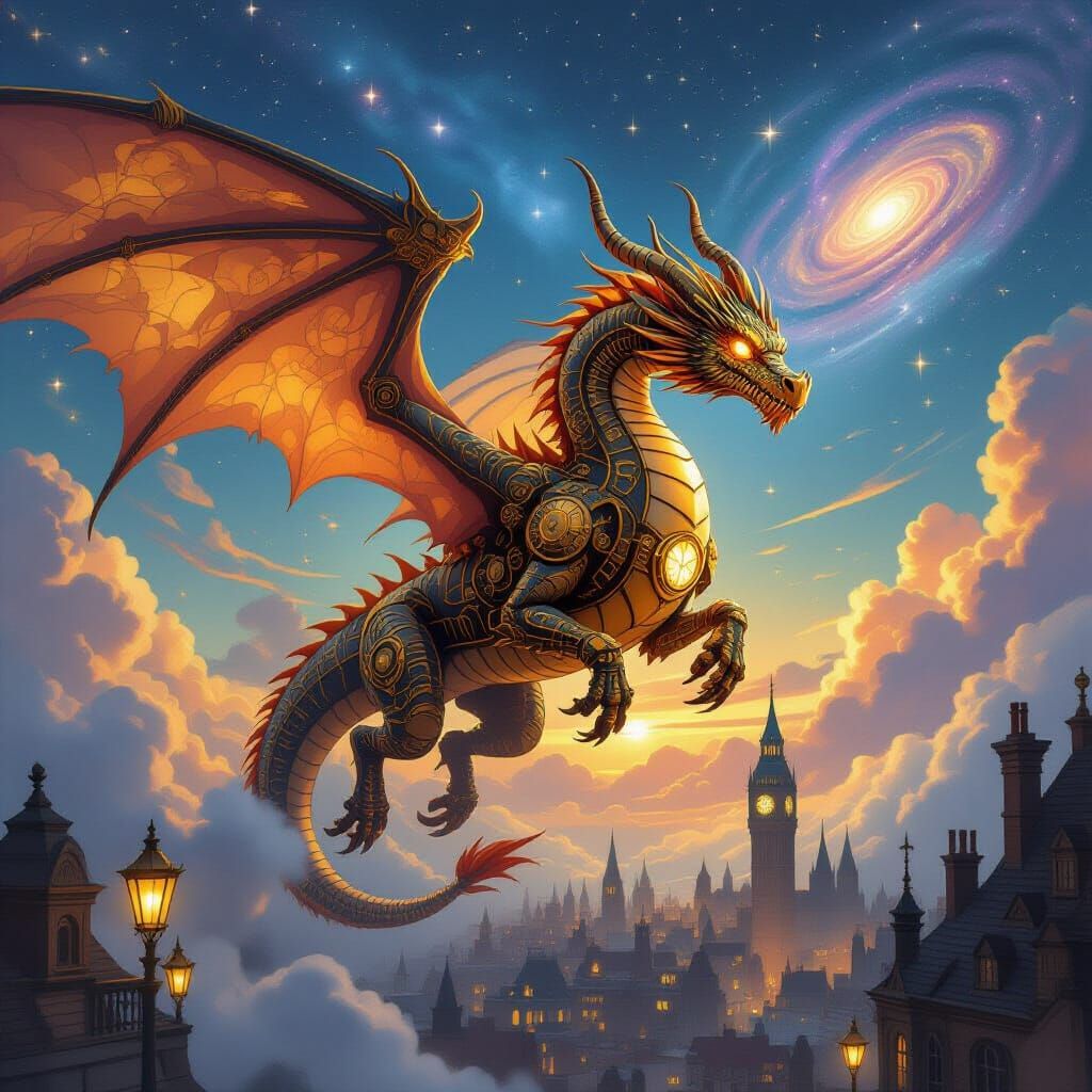 Steampunk Clockwork Dragon Soars Through Galactic Sky