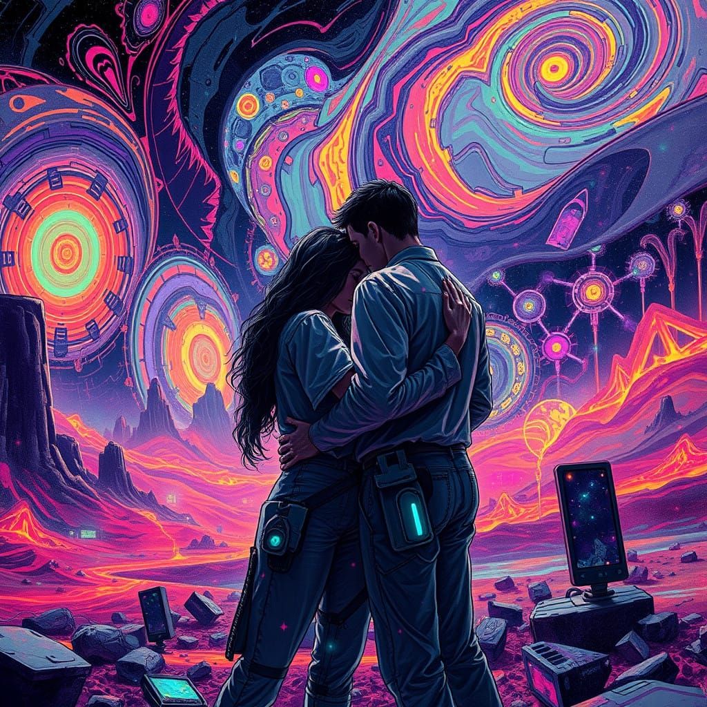 Synesthetic Dystopia: Two Friends Embracing in a Swirling Ge...