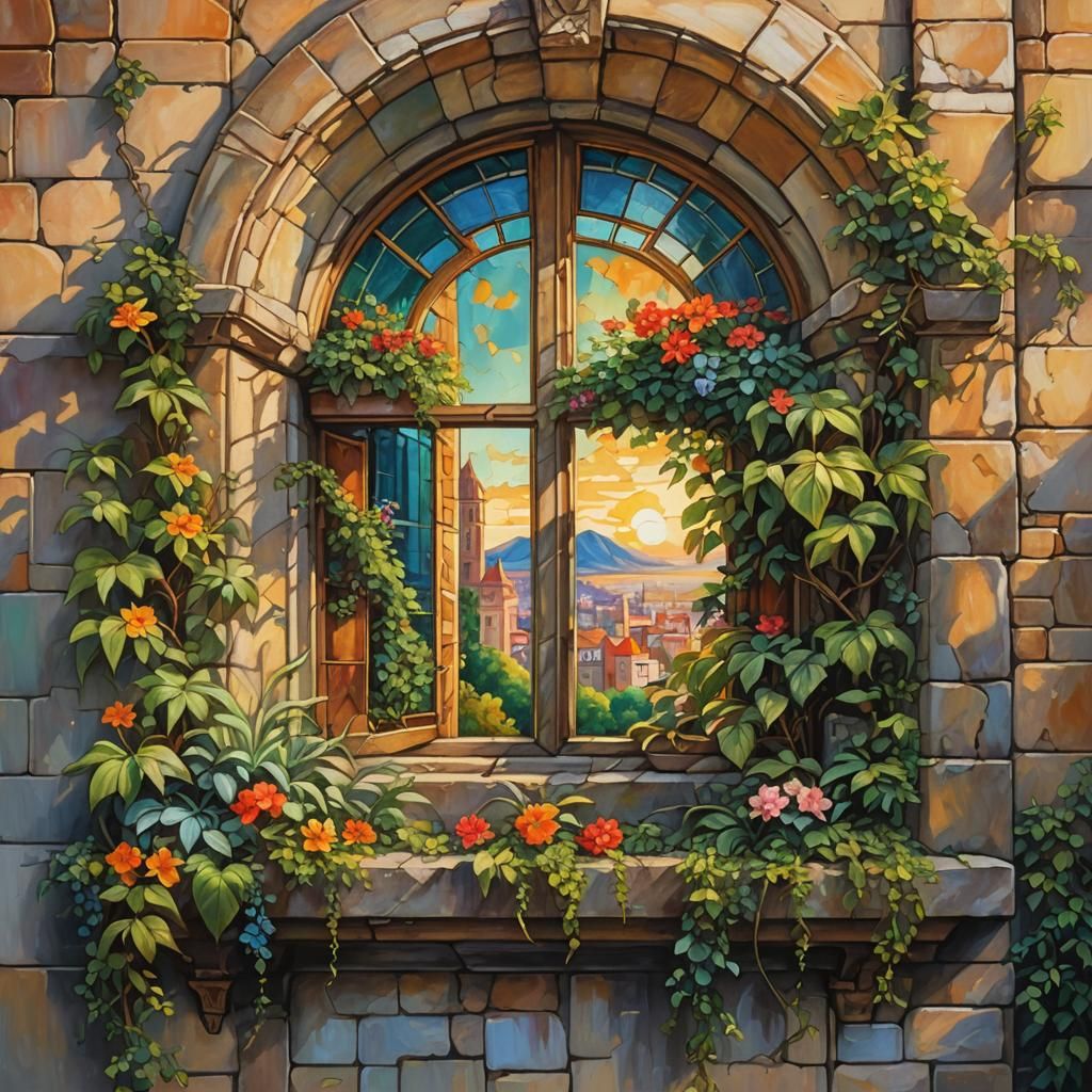 Historic Cityscape Through Art Nouveau Window