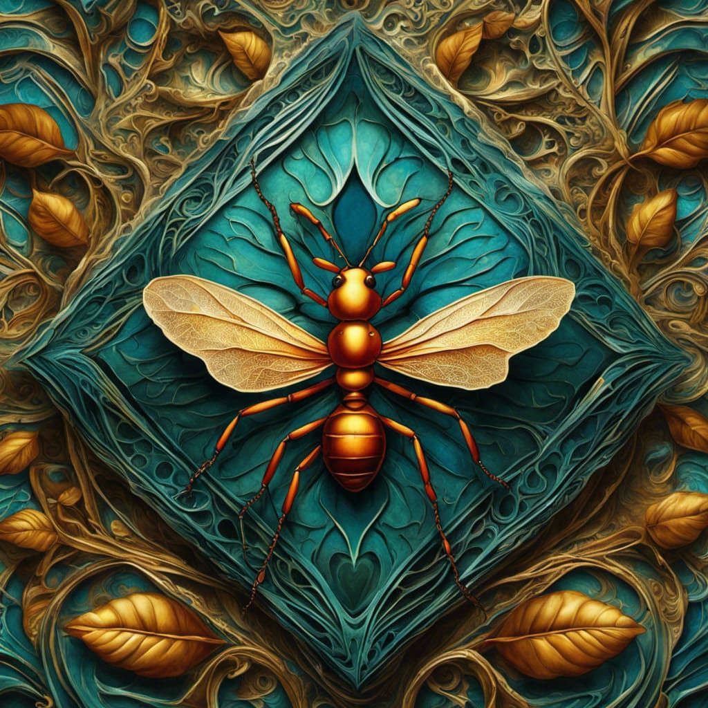 Ethereal Diamond Ant Carrying Leaf in Hyperdetailed Painting