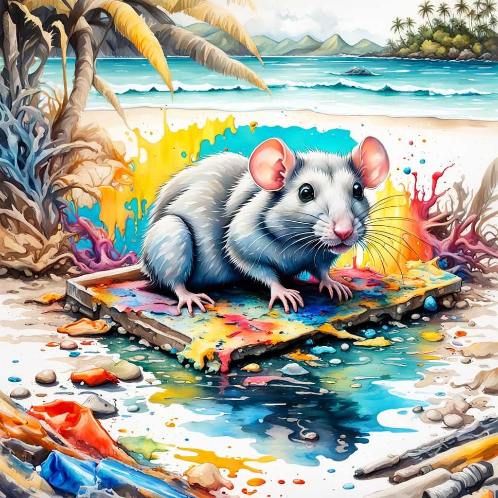 A paradise and deserted tropical island in the Pacific. Hundreds of rats feed on piles of plastic waste of all colors wa...