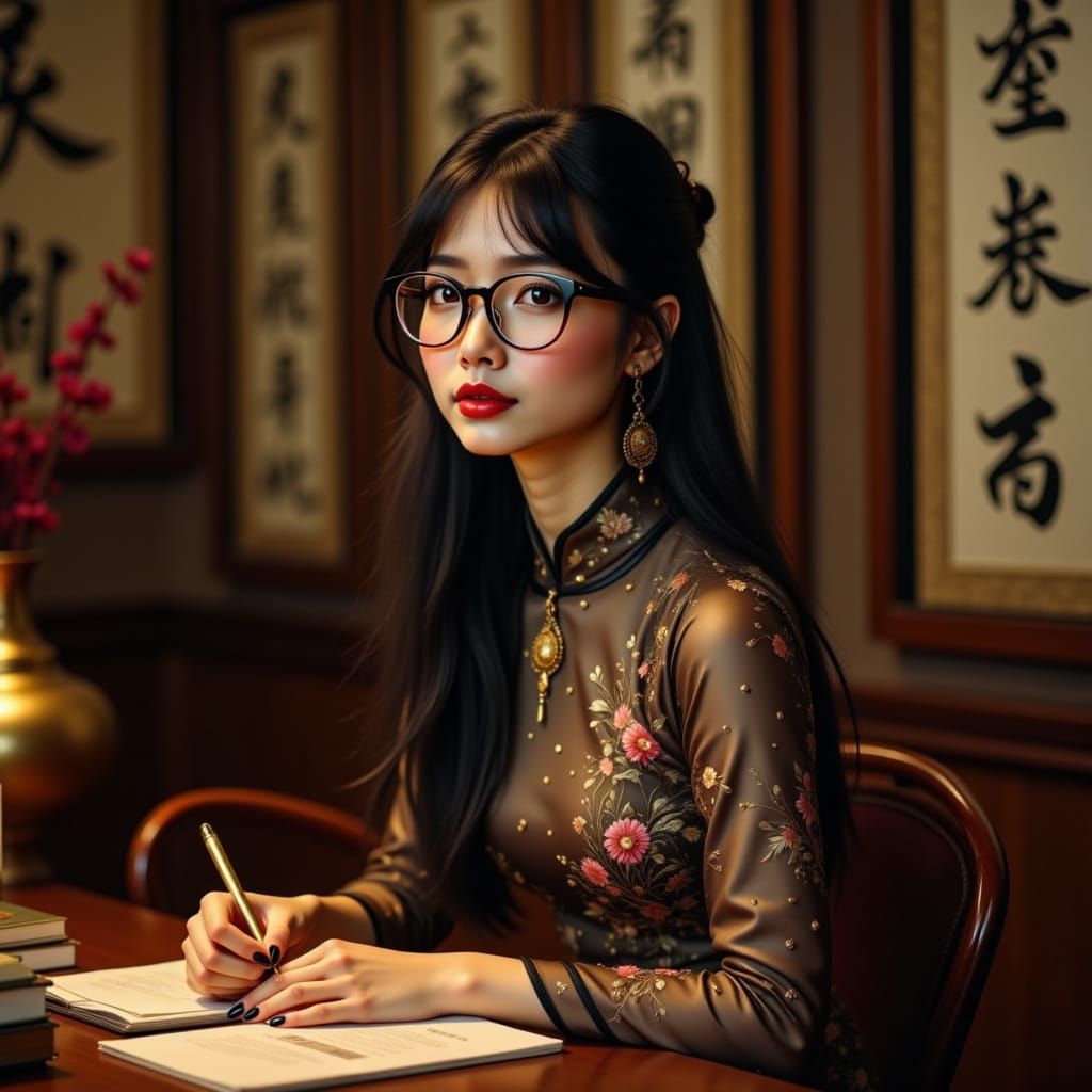 Elegant Woman in Qipao at Study Desk