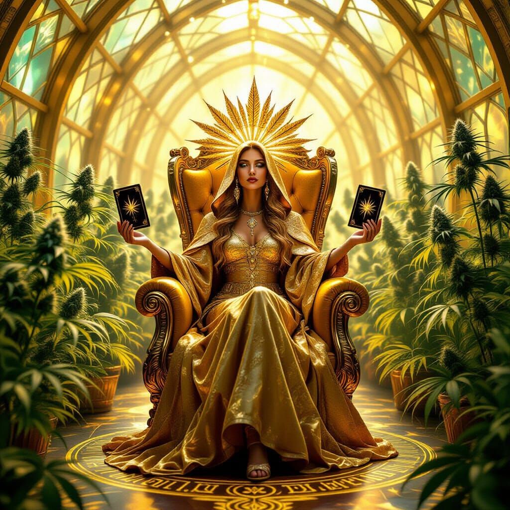 Mystical Cannabis Fortune Teller in Golden Cathedral
