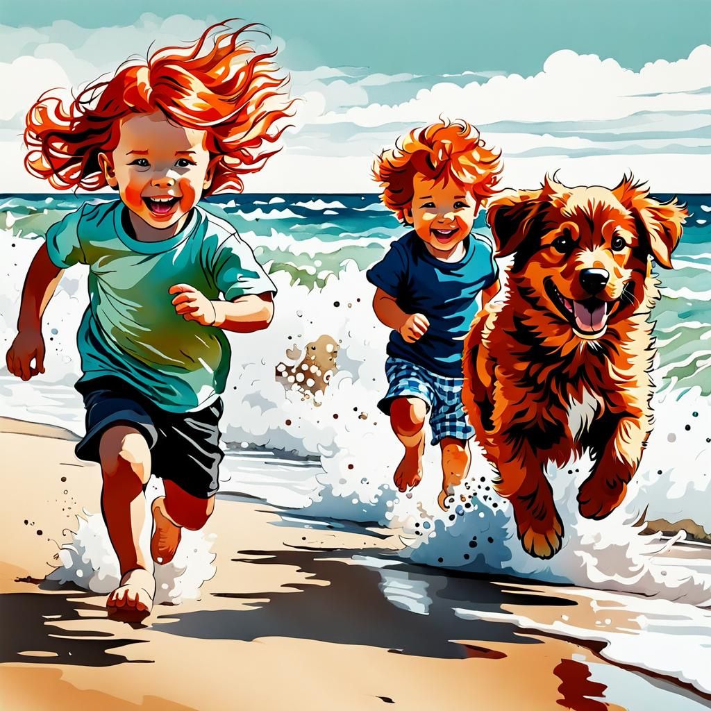 Children and Puppy Chase on Beach, Pen and Ink