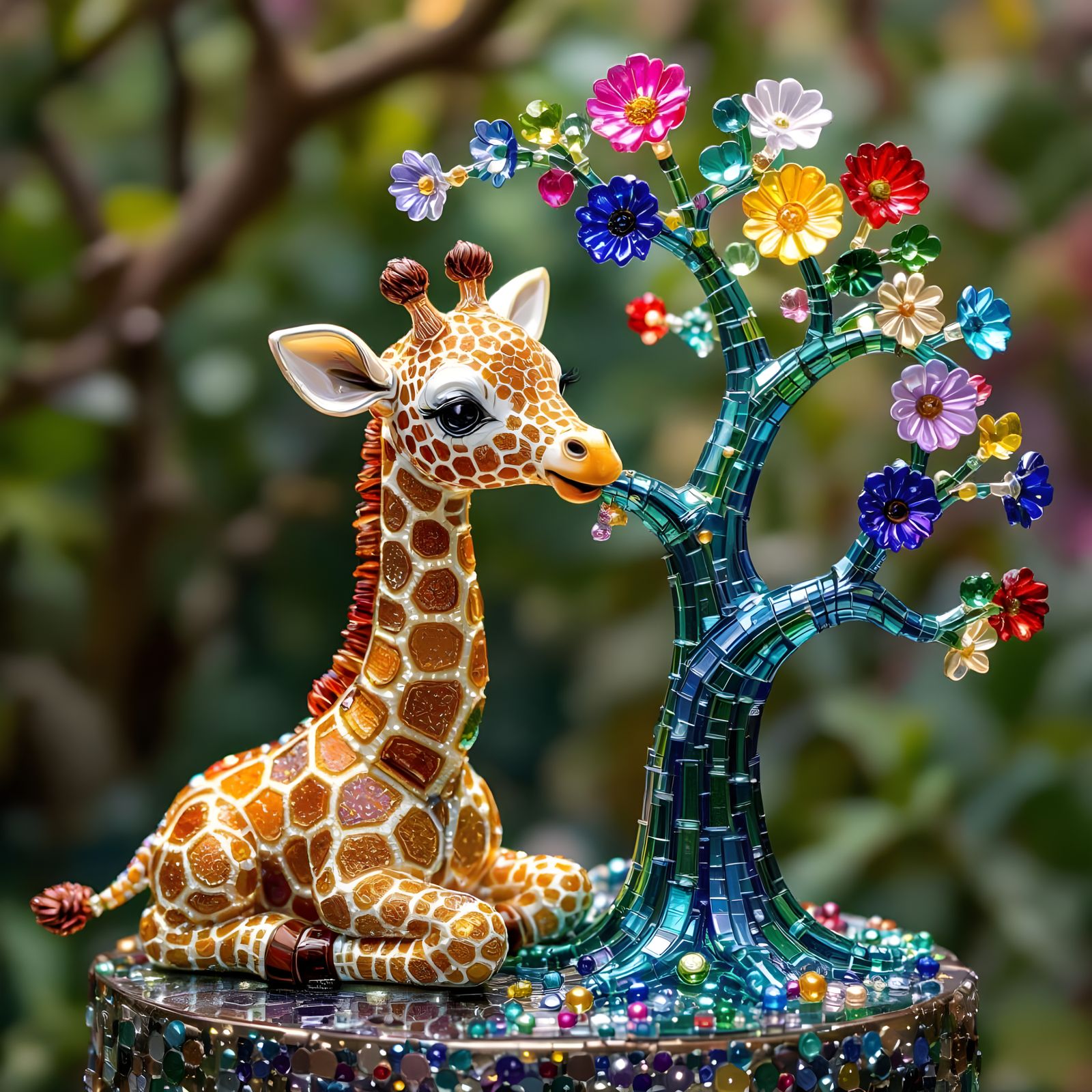 Beaded Baby Giraffe Grazing on Beaded Tree