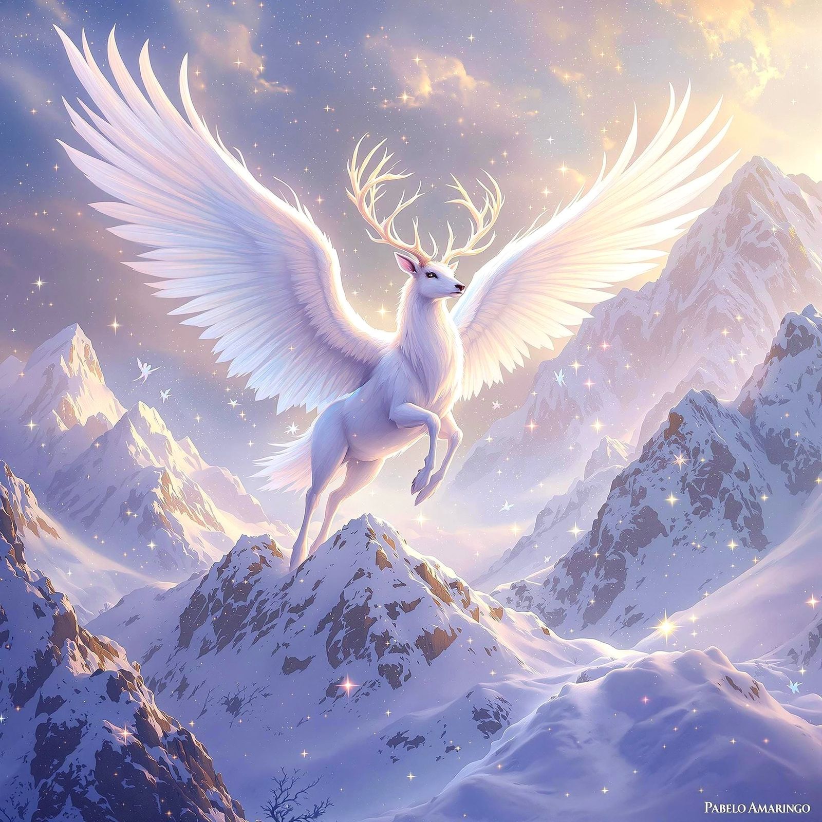 Majestic Opalescent Stag Soars Over Snowy Mountains