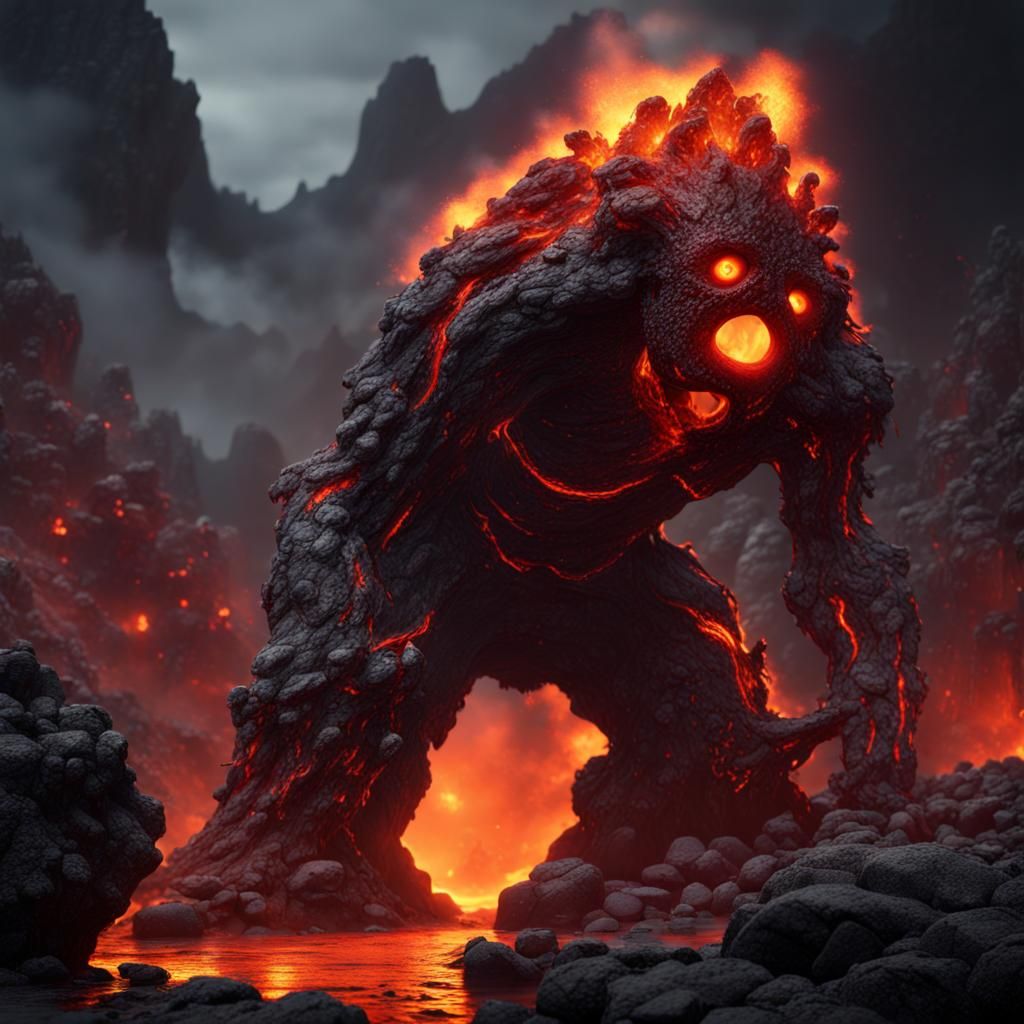 Lava Rock Monster in Lava: Detailed Matte Painting
