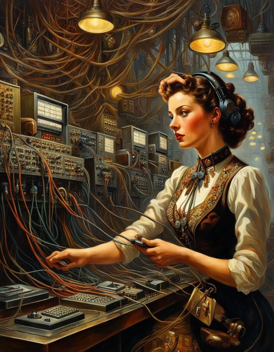 Steampunk Telephone Operator in Retrofuturistic Call Center