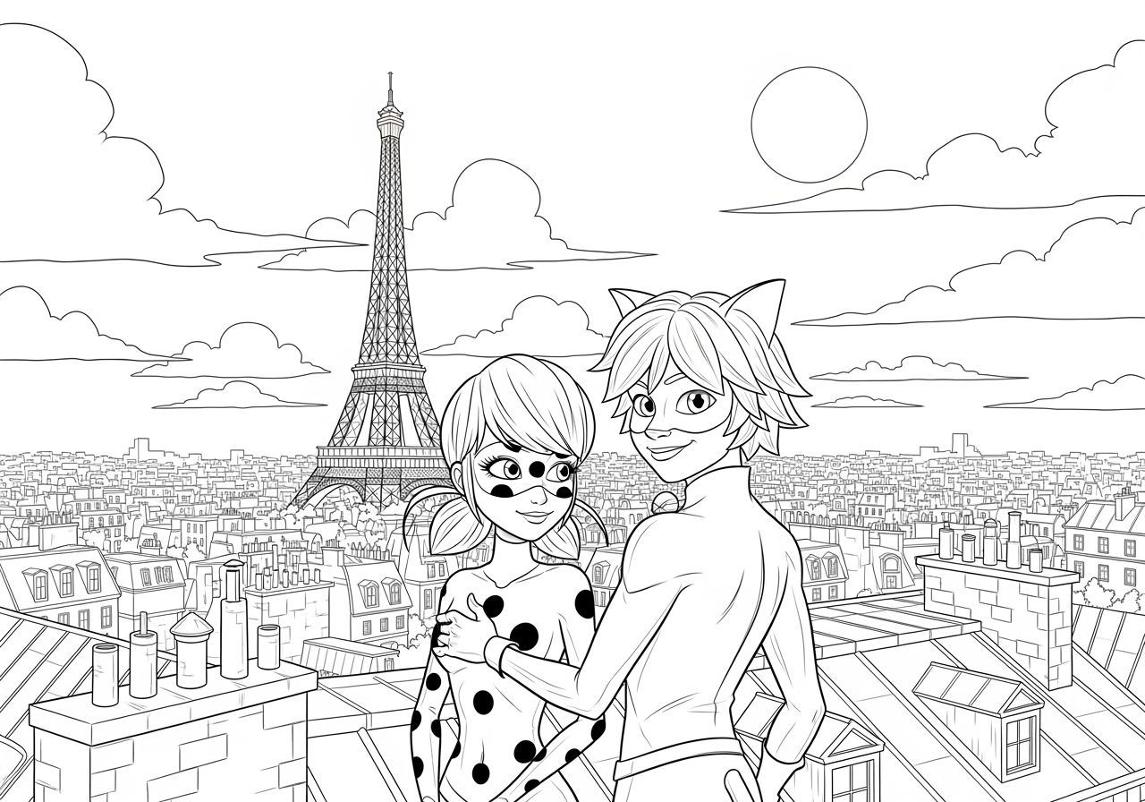 Ladybug and Cat Noir on Parisian Rooftop in Cartoon Style