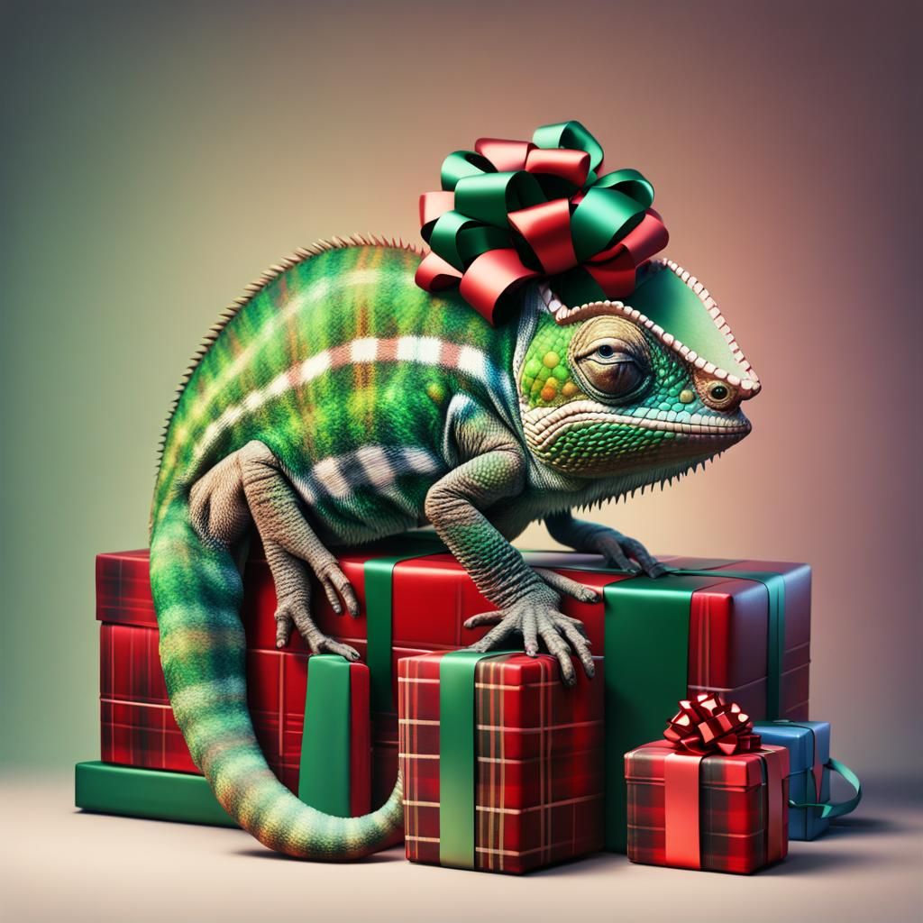 Camouflaged Chameleon Christmas Gift in Splash Art Style