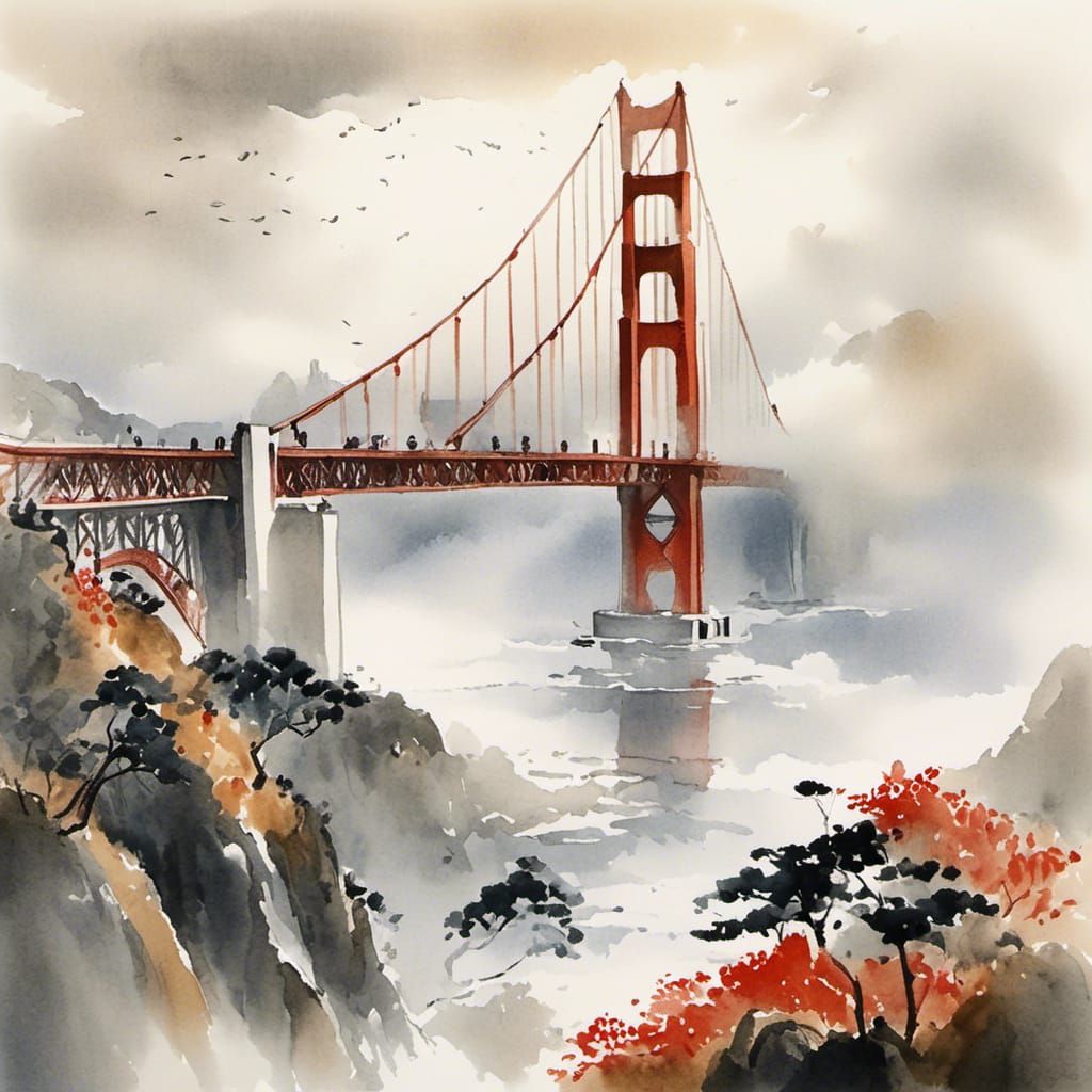 Golden Gate Bridge in Fog, Chinese Watercolor