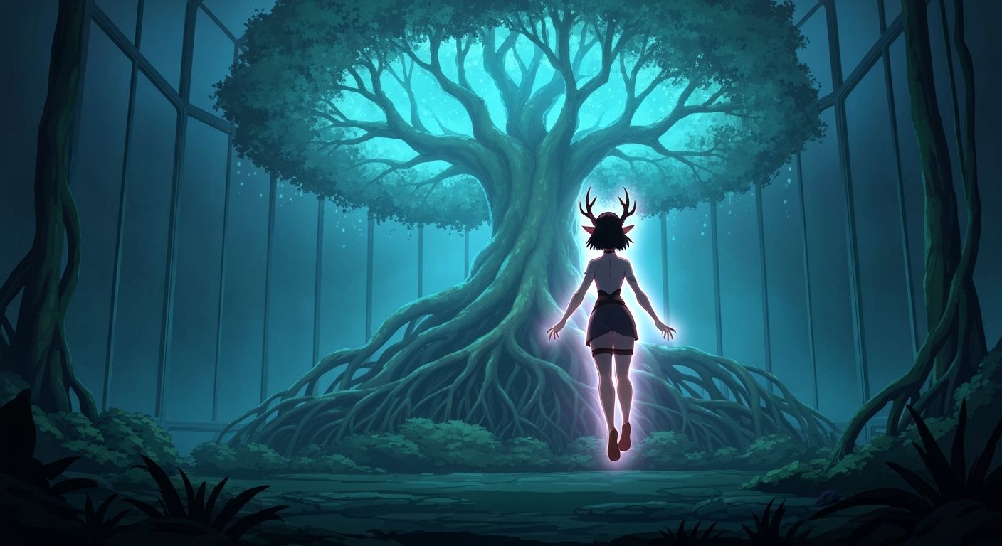 Ethereal Heroine Before World Tree in 2D Animation