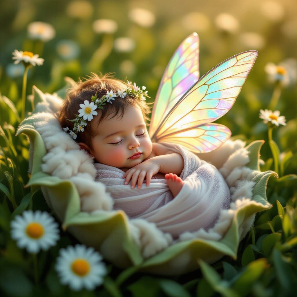Hyper-Realistic Newborn Fairy in Leaf Cradle