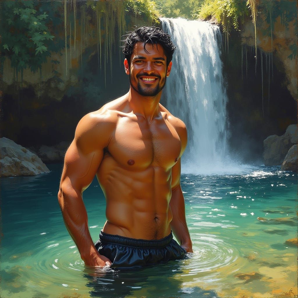 Impressionistic Athletic Figure in Pond Waters