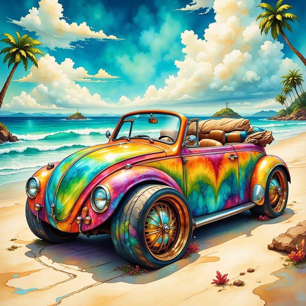 Tie-Dyed VW Beetle on Sunny Beach, Cartoon Style
