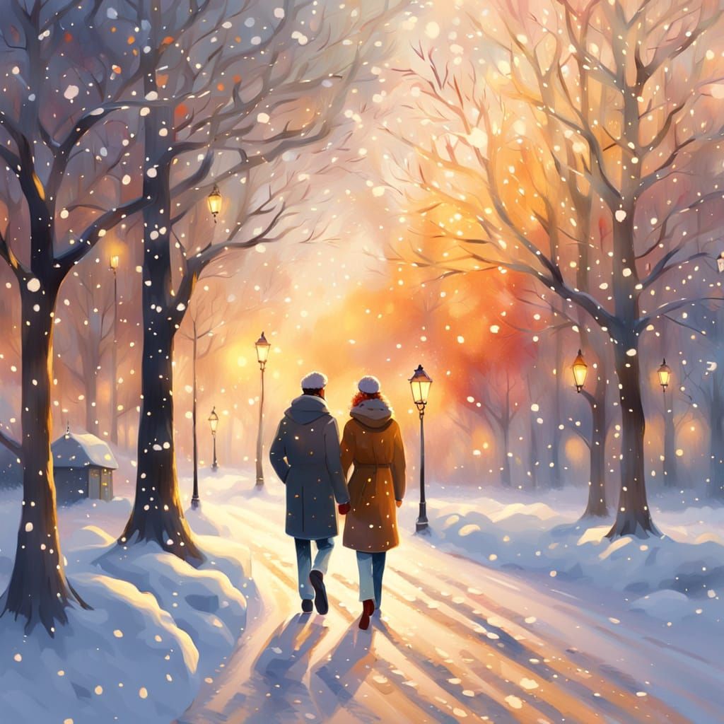 Romantic Couple in Snowy Park, Impressionist Style